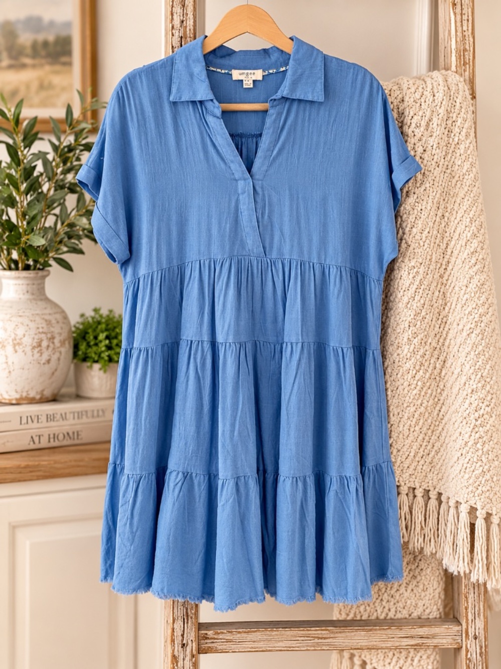 Umgee Linen Folded Sleeve Tiered Dress, Size Small, Color Blue NWOT